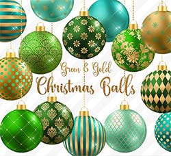 16张高清透明的圣诞球图片：Green and Gold Christmas Balls
